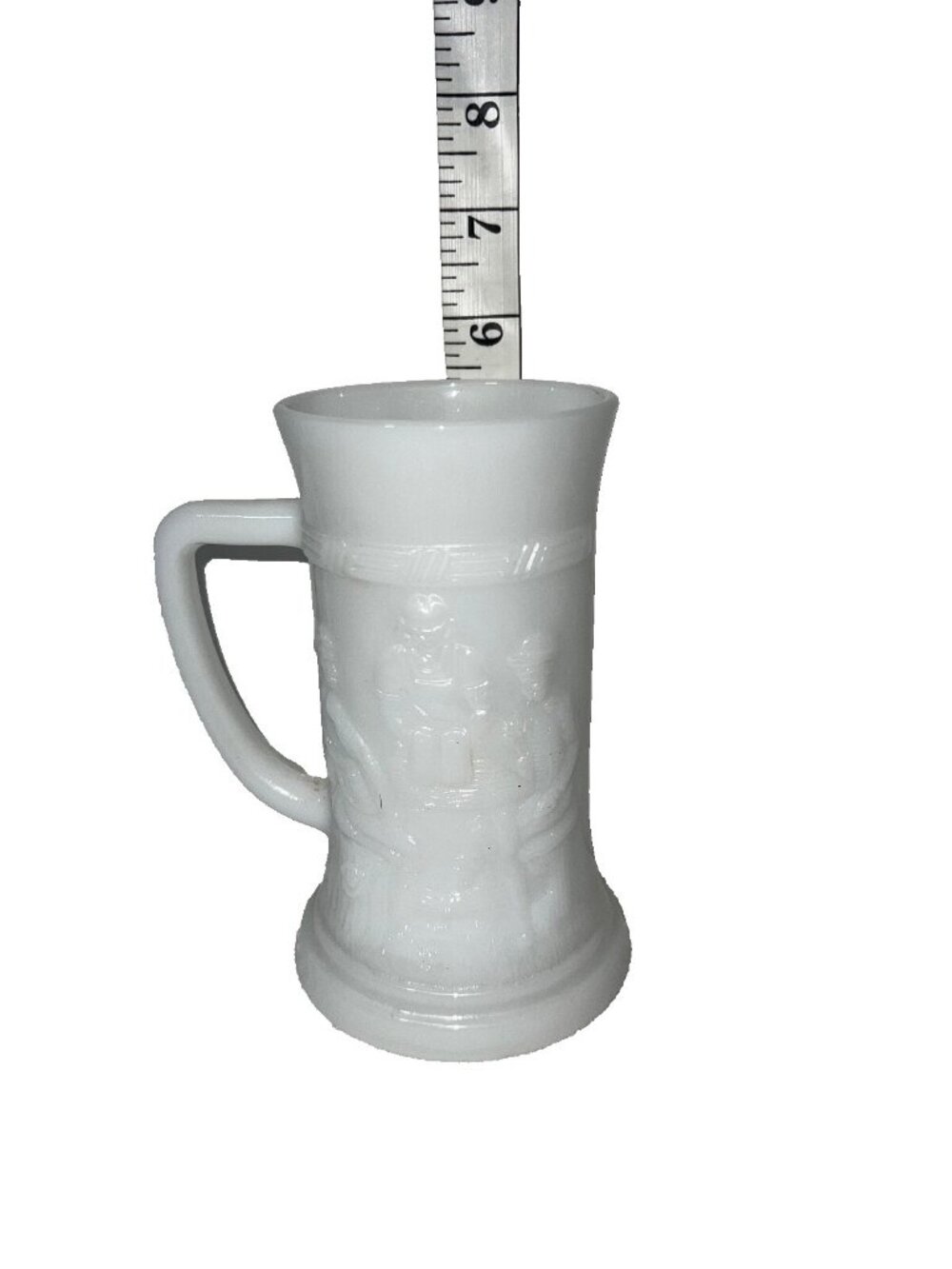 Vintage Rare Federal Milk Glass Beer Mug Stein Cup White Tavern Scene 5.5” Tall
